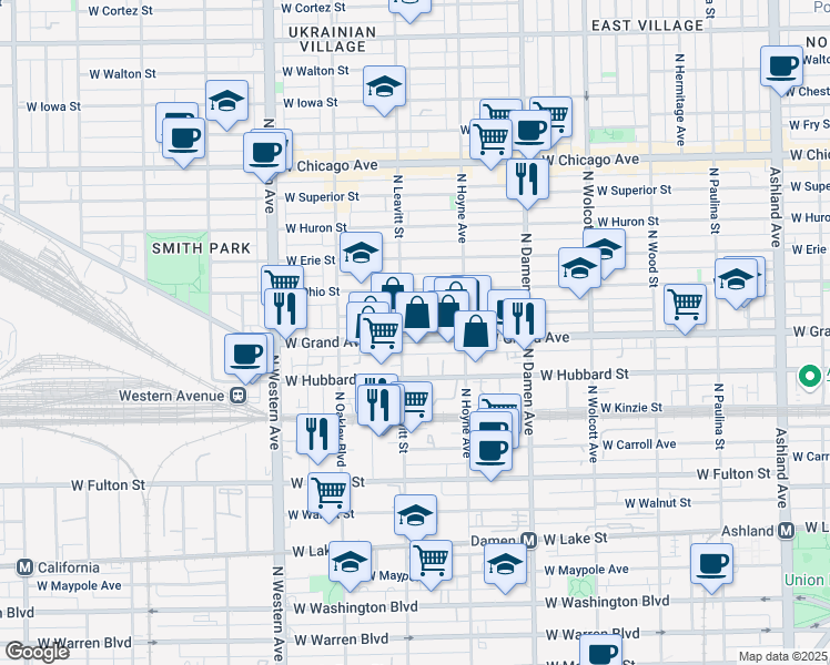 map of restaurants, bars, coffee shops, grocery stores, and more near 2145 West Grand Avenue in Chicago