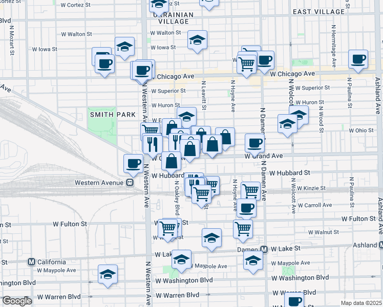 map of restaurants, bars, coffee shops, grocery stores, and more near 2224 West Grand Avenue in Chicago