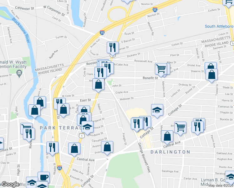 map of restaurants, bars, coffee shops, grocery stores, and more near 101 Coyle Avenue in Pawtucket