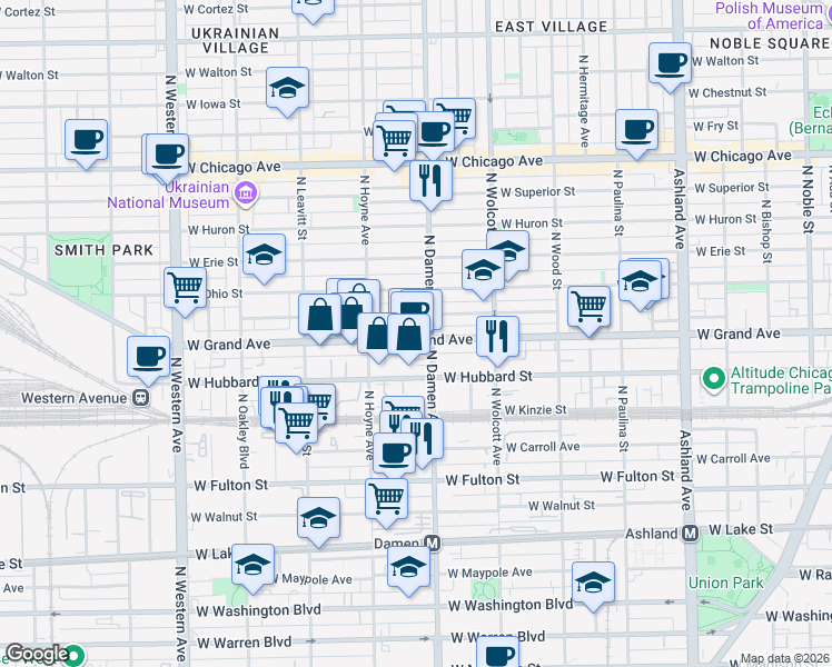map of restaurants, bars, coffee shops, grocery stores, and more near in Chicago