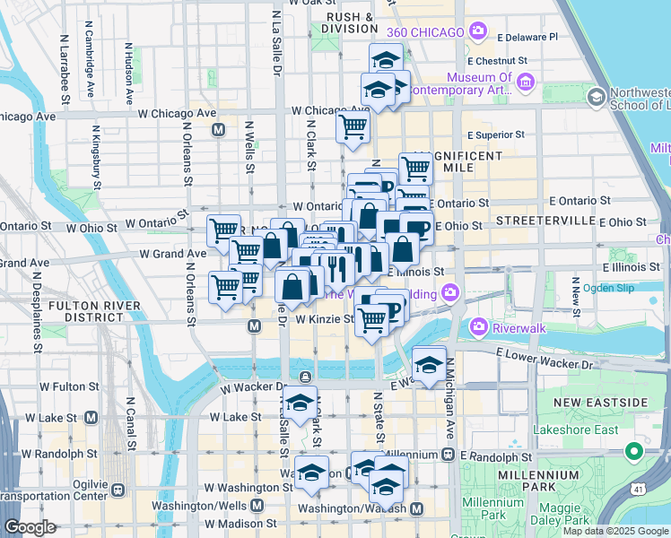 map of restaurants, bars, coffee shops, grocery stores, and more near 56 West Illinois Street in Chicago