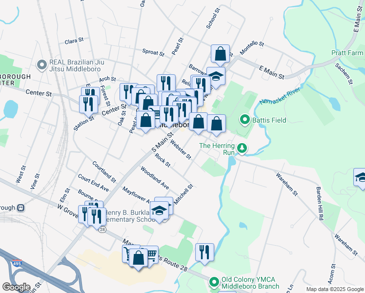 map of restaurants, bars, coffee shops, grocery stores, and more near 9 Webster Street in Middleborough