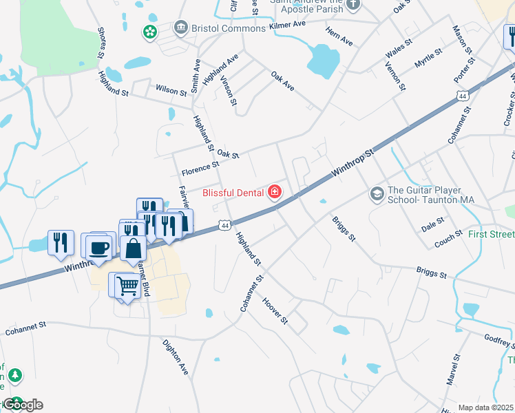map of restaurants, bars, coffee shops, grocery stores, and more near 236 Winthrop Street in Taunton