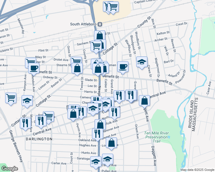 map of restaurants, bars, coffee shops, grocery stores, and more near 64 Calder Street in Pawtucket