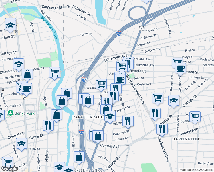 map of restaurants, bars, coffee shops, grocery stores, and more near 222 East Street in Pawtucket