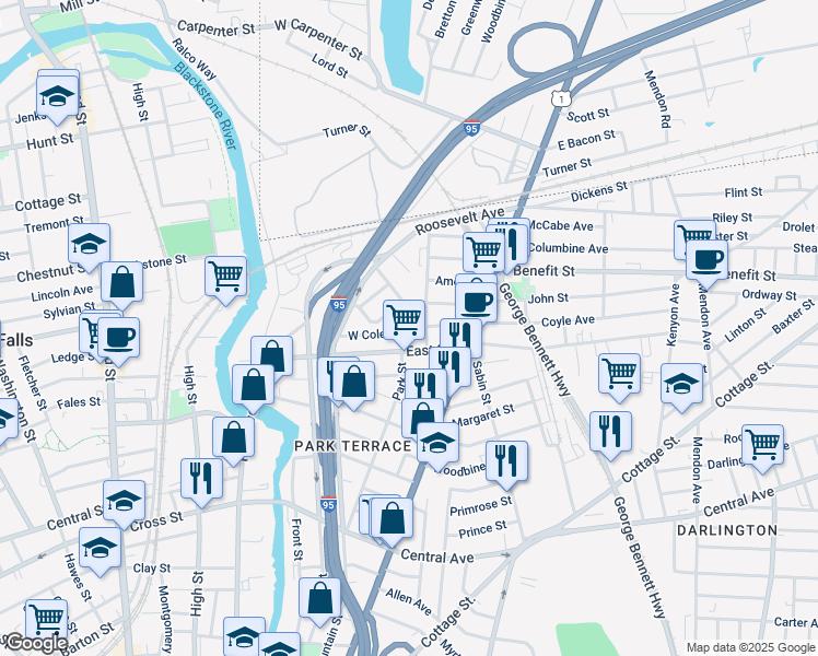 map of restaurants, bars, coffee shops, grocery stores, and more near 178 East Street in Pawtucket