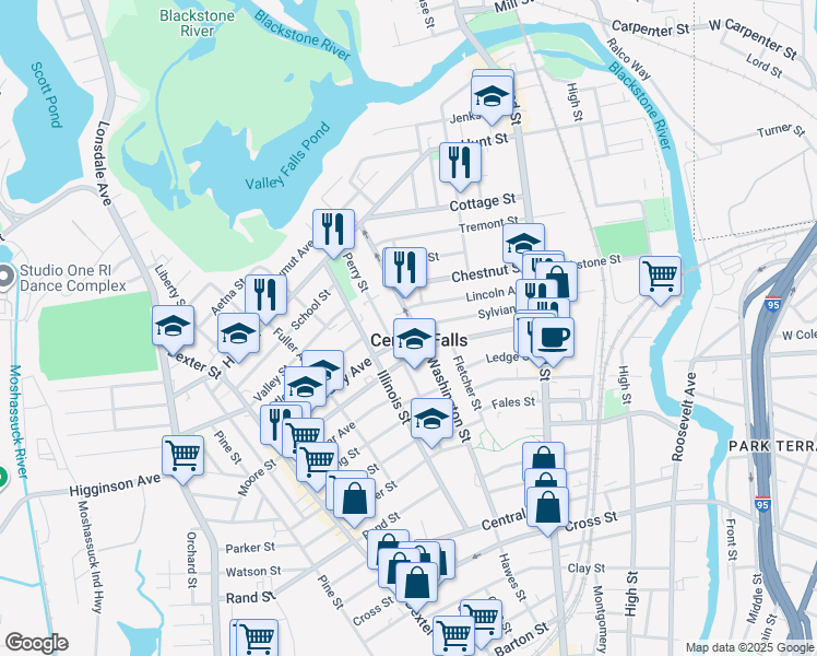 map of restaurants, bars, coffee shops, grocery stores, and more near in Central Falls