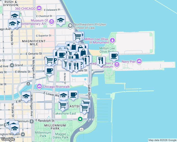 map of restaurants, bars, coffee shops, grocery stores, and more near in Chicago