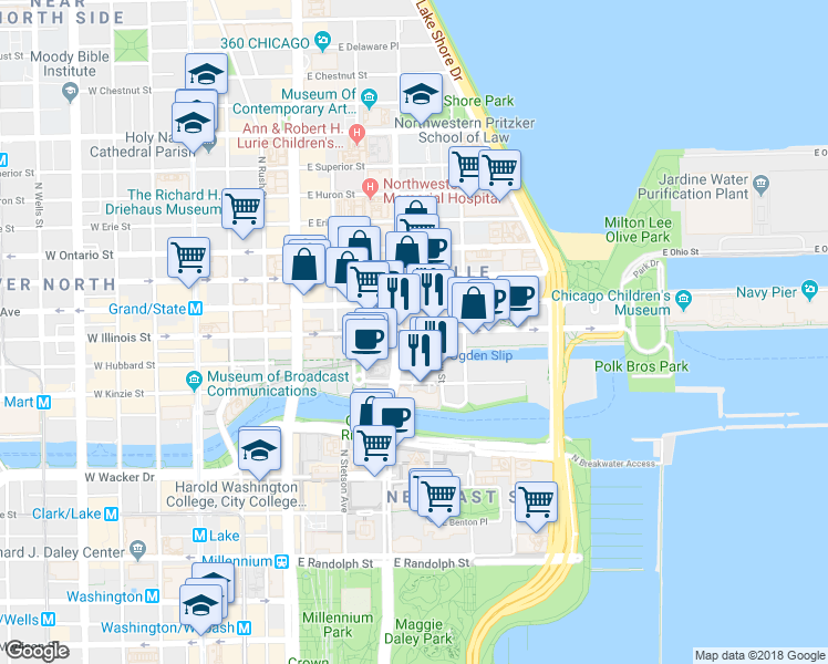 map of restaurants, bars, coffee shops, grocery stores, and more near 324 East Illinois Street in Chicago