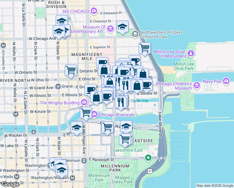 map of restaurants, bars, coffee shops, grocery stores, and more near 324 East Illinois Street in Chicago