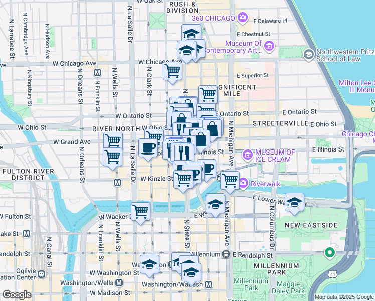 map of restaurants, bars, coffee shops, grocery stores, and more near 11 West Illinois Street in Chicago