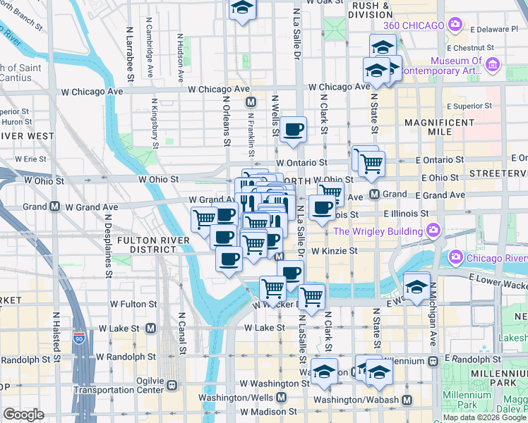 map of restaurants, bars, coffee shops, grocery stores, and more near 444 North Wells Street in Chicago