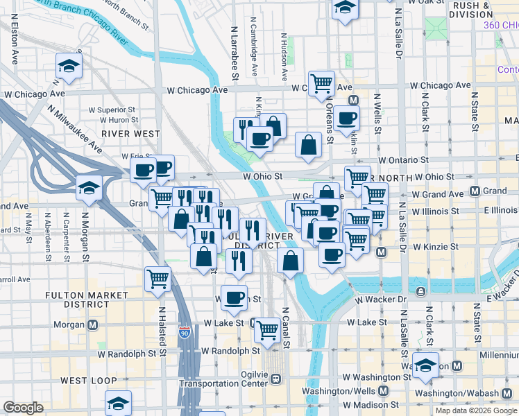 map of restaurants, bars, coffee shops, grocery stores, and more near 486 North Clinton Street in Chicago