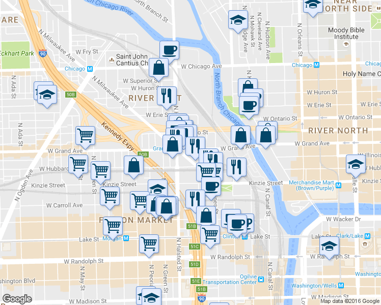 map of restaurants, bars, coffee shops, grocery stores, and more near 470 North Milwaukee Avenue in Chicago