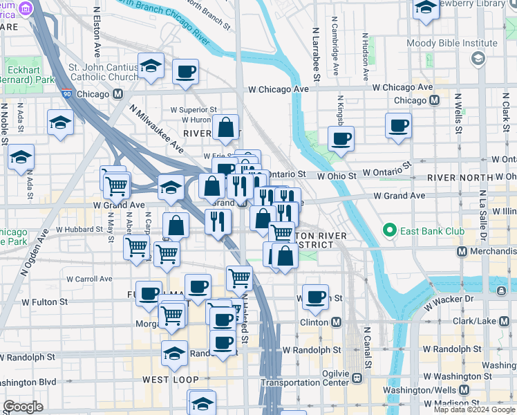 map of restaurants, bars, coffee shops, grocery stores, and more near 470 North Milwaukee Avenue in Chicago
