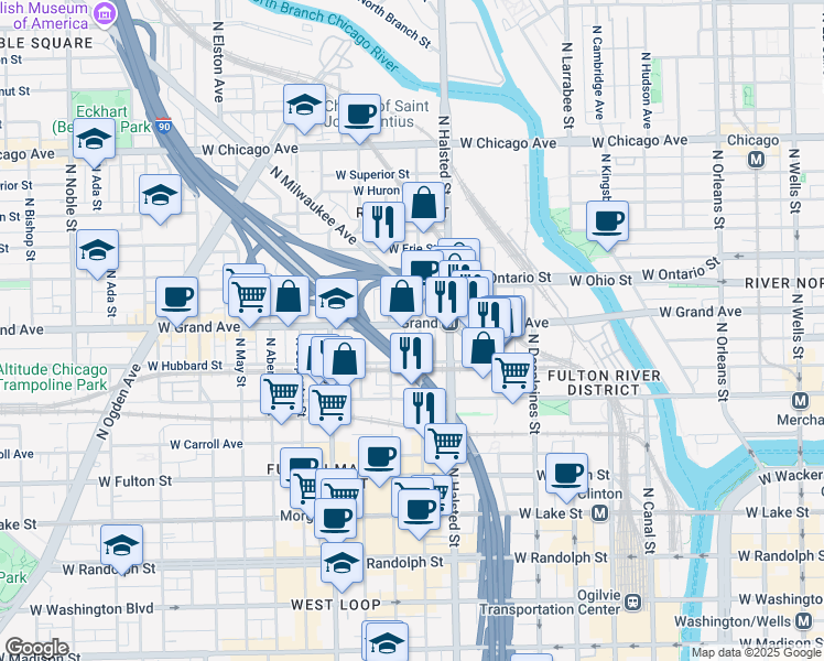 map of restaurants, bars, coffee shops, grocery stores, and more near in Chicago