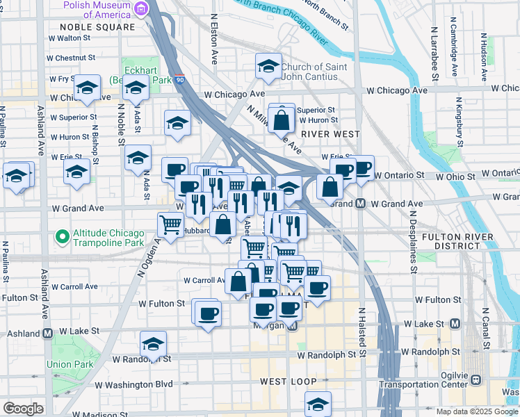 map of restaurants, bars, coffee shops, grocery stores, and more near 448 North Carpenter Street in Chicago