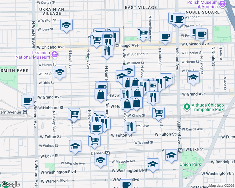 map of restaurants, bars, coffee shops, grocery stores, and more near 1913 West Grand Avenue in Chicago