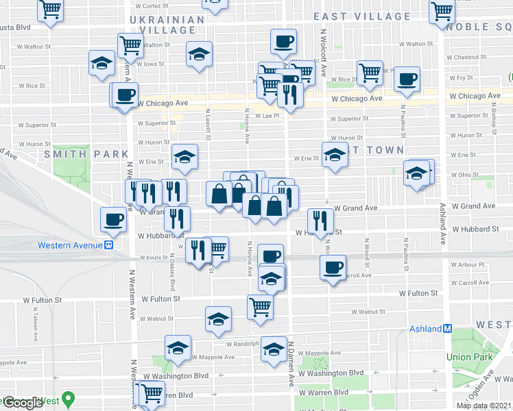 map of restaurants, bars, coffee shops, grocery stores, and more near 2101 West Grand Avenue in Chicago