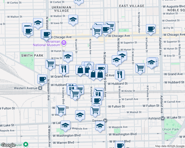 map of restaurants, bars, coffee shops, grocery stores, and more near 2101 West Grand Avenue in Chicago