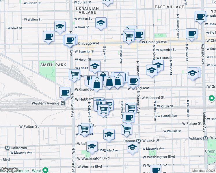 map of restaurants, bars, coffee shops, grocery stores, and more near 2145 West Grand Avenue in Chicago