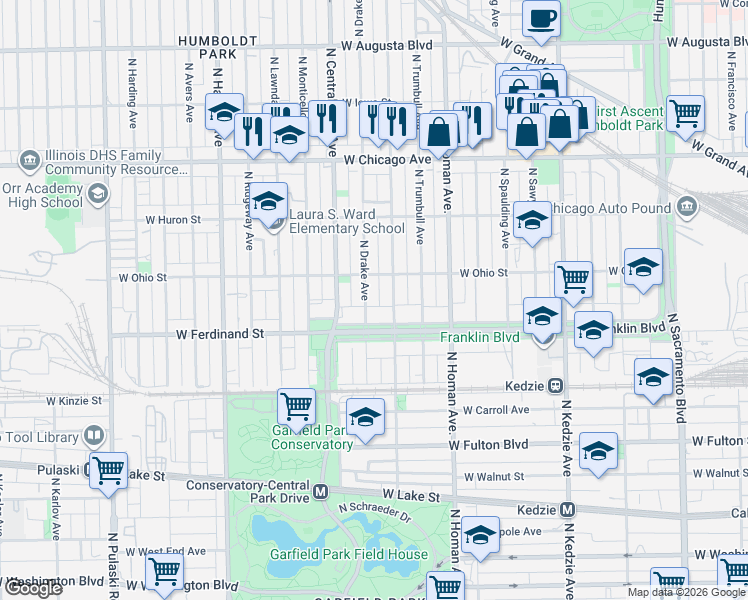map of restaurants, bars, coffee shops, grocery stores, and more near 3500 West Franklin Boulevard in Chicago