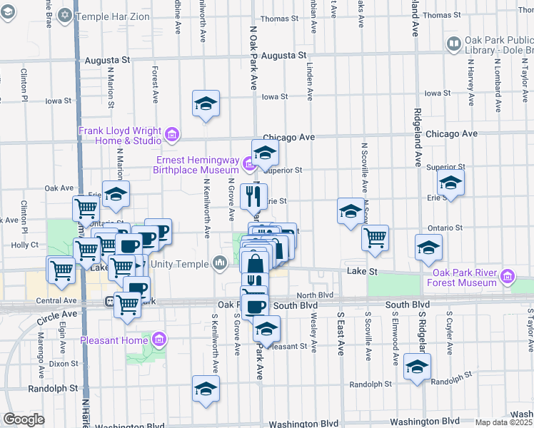 map of restaurants, bars, coffee shops, grocery stores, and more near 720 Ontario Street in Oak Park