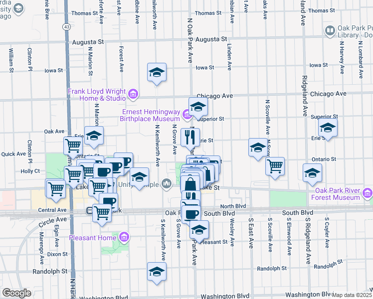 map of restaurants, bars, coffee shops, grocery stores, and more near 201 North Oak Park Avenue in Oak Park
