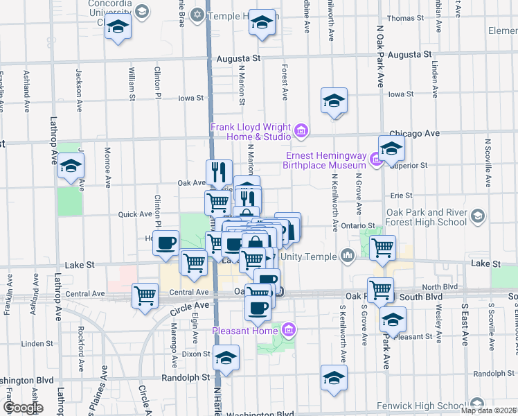 map of restaurants, bars, coffee shops, grocery stores, and more near 198 North Marion Street in Oak Park