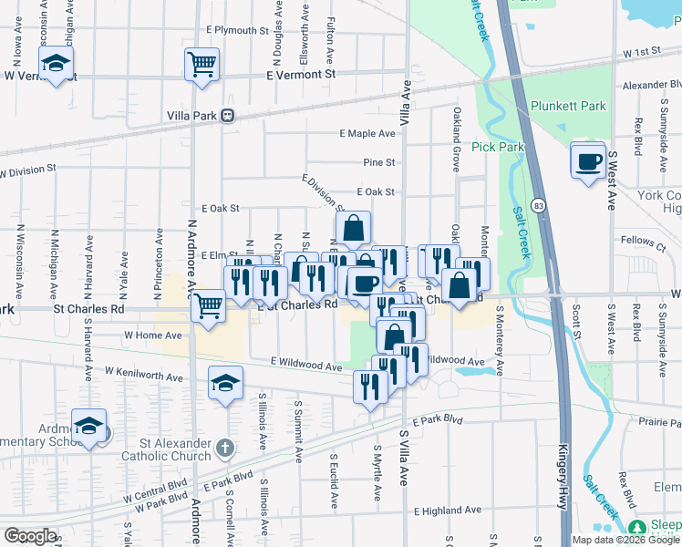 map of restaurants, bars, coffee shops, grocery stores, and more near 15 North Euclid Avenue in Villa Park
