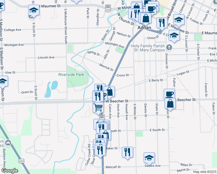 map of restaurants, bars, coffee shops, grocery stores, and more near 587 S Main St in Adrian