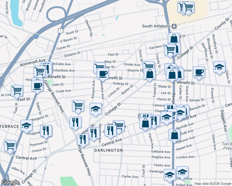 map of restaurants, bars, coffee shops, grocery stores, and more near 152 Baxter Street in Pawtucket