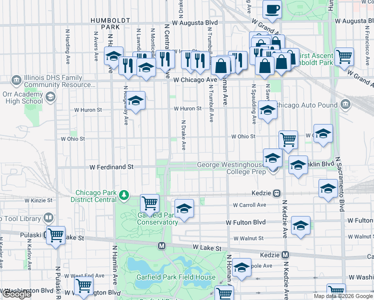 map of restaurants, bars, coffee shops, grocery stores, and more near 3500 West Franklin Boulevard in Chicago