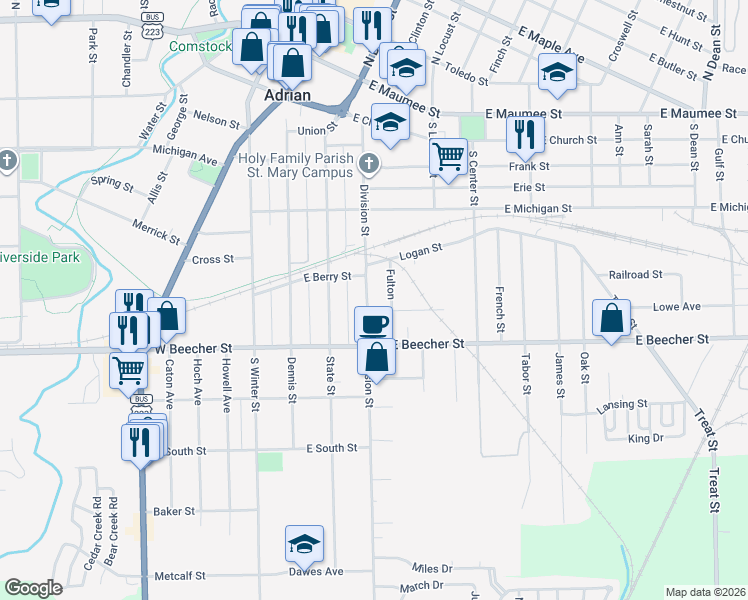 map of restaurants, bars, coffee shops, grocery stores, and more near 318 Lawrence Avenue in Adrian