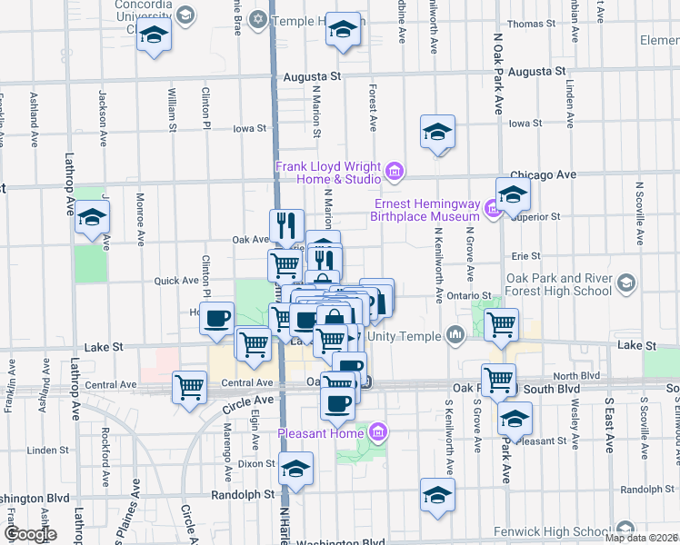map of restaurants, bars, coffee shops, grocery stores, and more near 198 North Marion Street in Oak Park