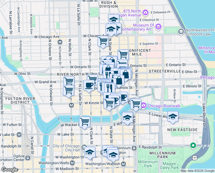 map of restaurants, bars, coffee shops, grocery stores, and more near 11 West Illinois Street in Chicago