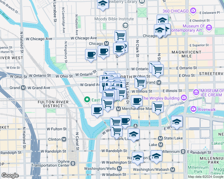 map of restaurants, bars, coffee shops, grocery stores, and more near 220 West Illinois Street in Chicago