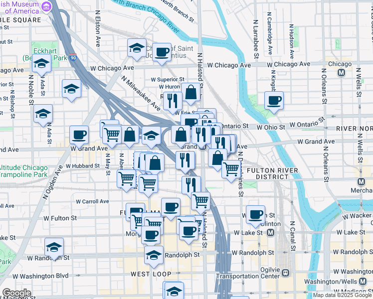 map of restaurants, bars, coffee shops, grocery stores, and more near 837 West Grand Avenue in Chicago