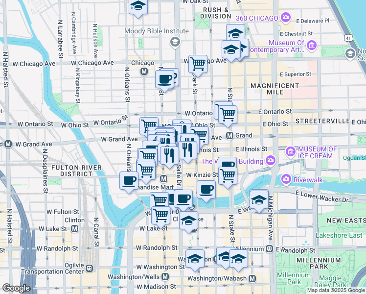 map of restaurants, bars, coffee shops, grocery stores, and more near in Chicago