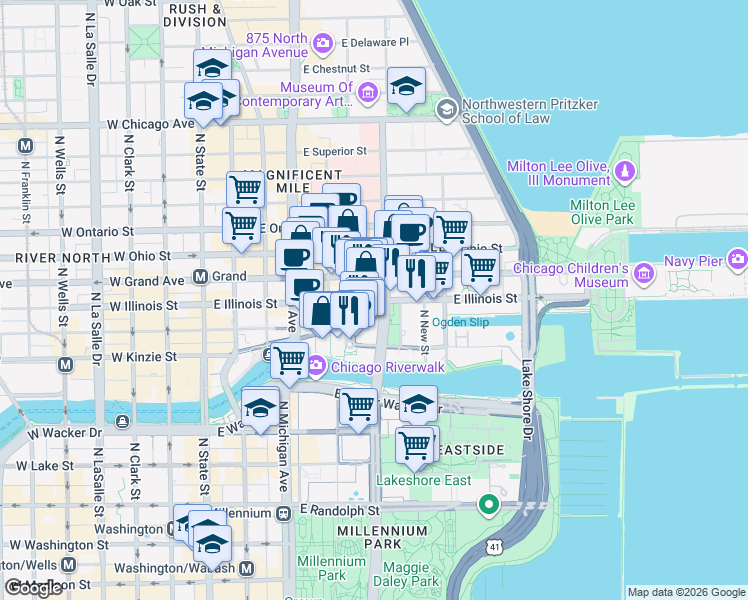 map of restaurants, bars, coffee shops, grocery stores, and more near 300 East Illinois Street in Chicago