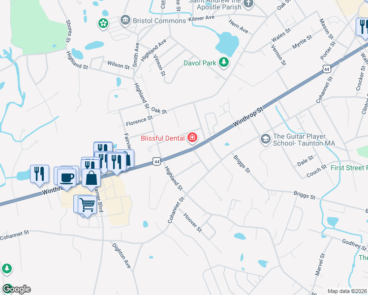 map of restaurants, bars, coffee shops, grocery stores, and more near 235 Winthrop Street in Taunton