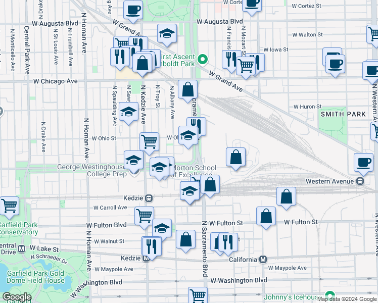 map of restaurants, bars, coffee shops, grocery stores, and more near 500 North Sacramento Boulevard in Chicago