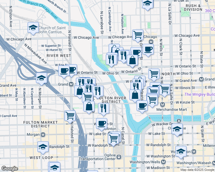map of restaurants, bars, coffee shops, grocery stores, and more near 501 North Clinton Street in Chicago