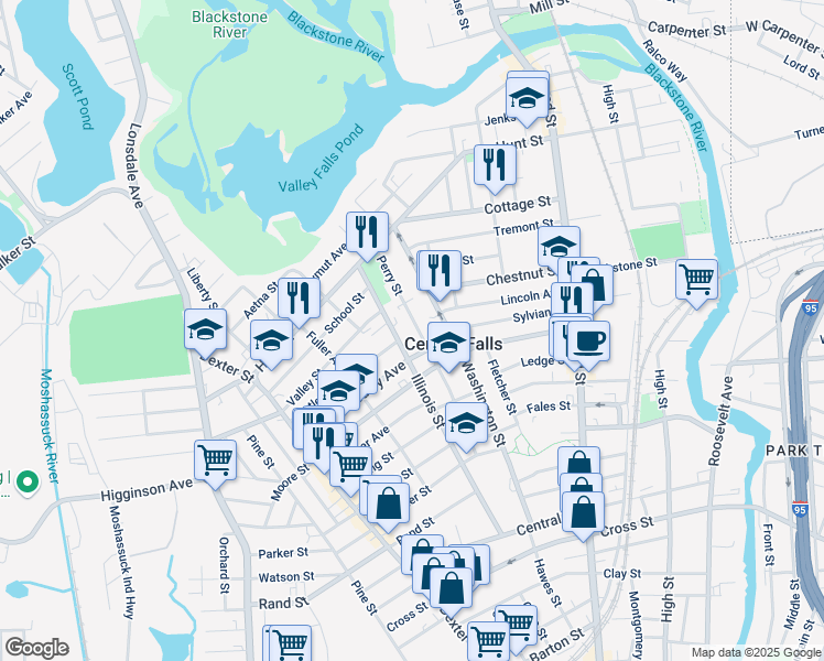 map of restaurants, bars, coffee shops, grocery stores, and more near 281 Illinois Street in Central Falls