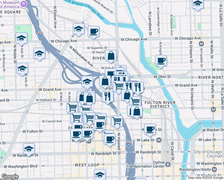 map of restaurants, bars, coffee shops, grocery stores, and more near 448 North Halsted Street in Chicago