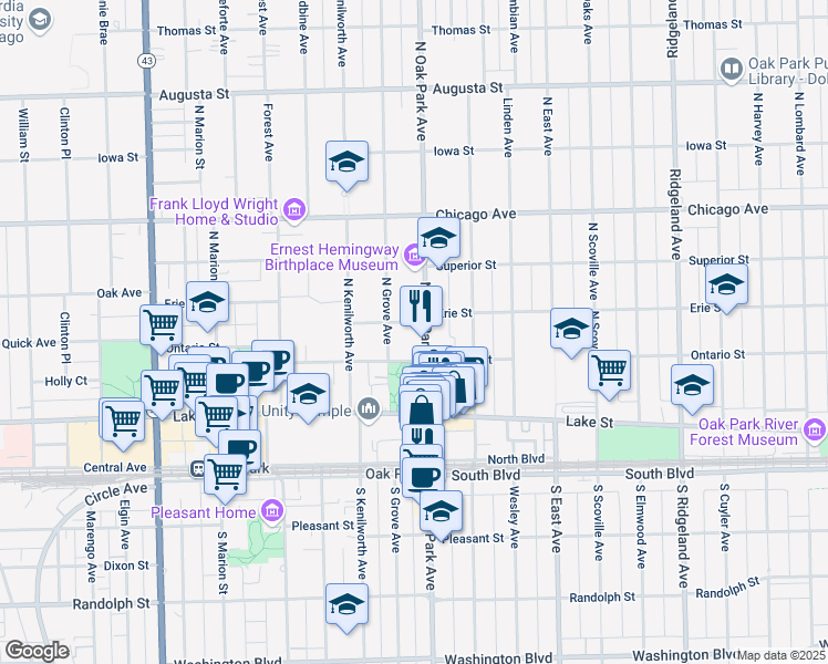 map of restaurants, bars, coffee shops, grocery stores, and more near 225 North Oak Park Avenue in Oak Park