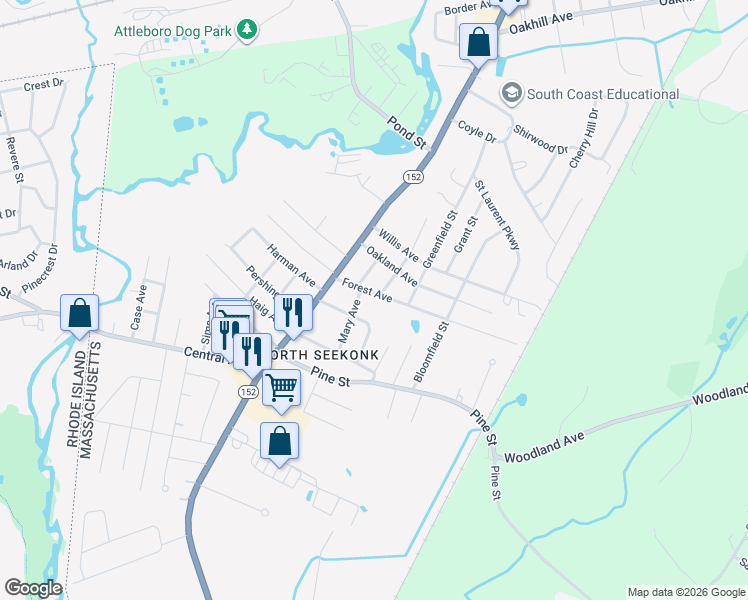 map of restaurants, bars, coffee shops, grocery stores, and more near 50 William Avenue in Seekonk