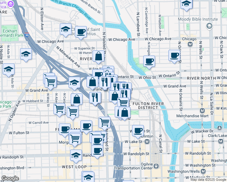 map of restaurants, bars, coffee shops, grocery stores, and more near 470 North Milwaukee Avenue in Chicago