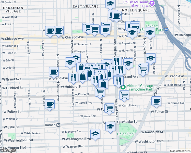 map of restaurants, bars, coffee shops, grocery stores, and more near 455 North Hermitage Avenue in Chicago