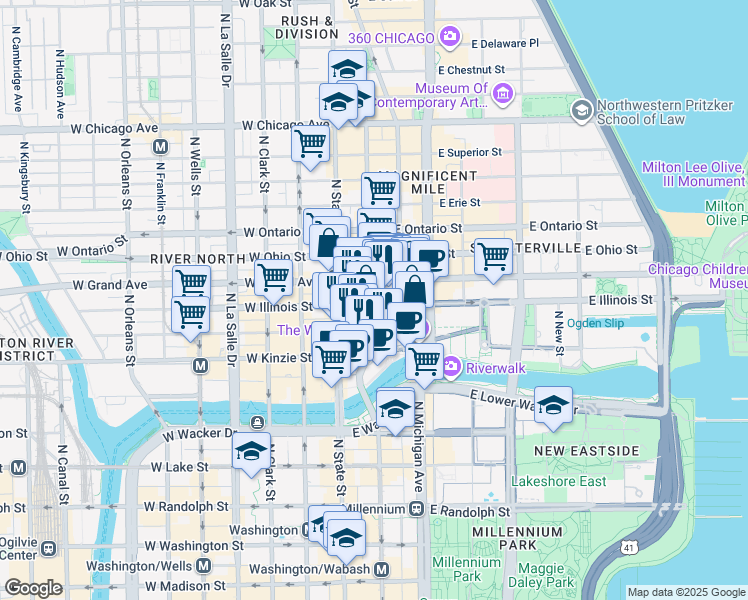map of restaurants, bars, coffee shops, grocery stores, and more near 445 North Wabash Avenue in Chicago